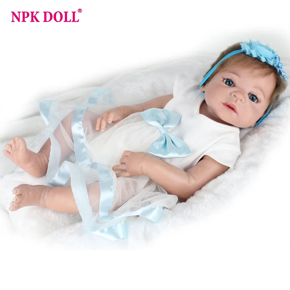 NPKDOLL 22 дюйма Кукла Reborn полный Силиконовый Bebe девочка кукла голубые глаза ребенок подарок на день рождения реалистичные очаровательные Куклы для новорожденных