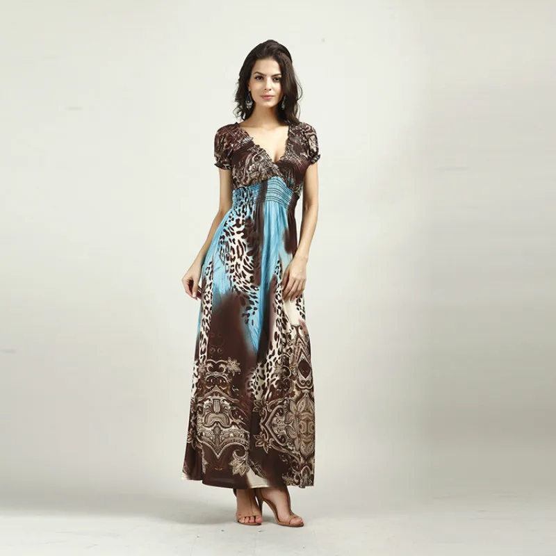 

Summer Sexy Bohemian Long Dress Ice Silk Maxi Dress Beach Short Sleeve Sexy Vintage Long Dress Tiger Printing Women Dress Gown