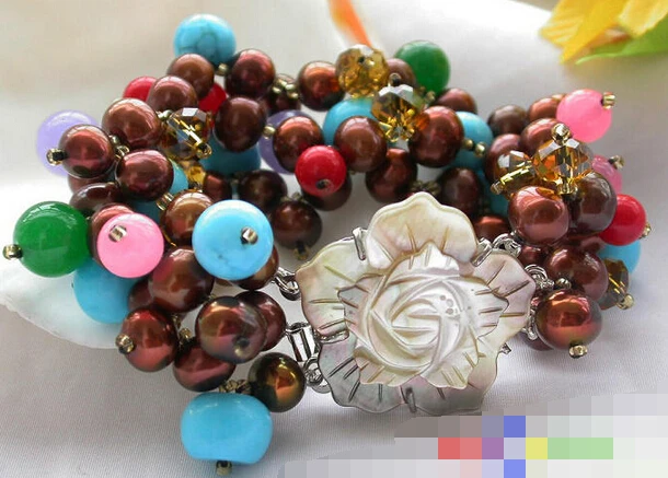 

free shipping 01290 3row 8" ROUND multicolor pearl jade coral turquoise bracelet