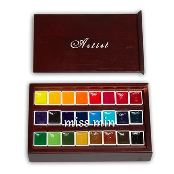 

Handmade M.Graham Watercolor Pigment Artist profession 1ml 24 Color MG Wooden box Pack Travel Dispensing plate
