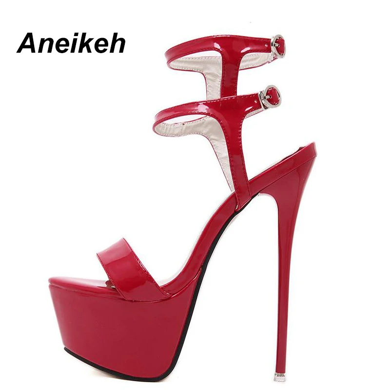 Aneikeh New Summer Fashion Sandals Sexy Open Toe 16CM High Heels Party Dress Wedding Nightclub Women Shoes Black Red 45 46