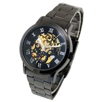 

Popular Cool Men's Roman Numerals Tungsten Steel Mechanical Skeleton Hollow WristWatches NO181 5V27