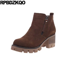 Замша острый носок повседневная осень батильоны обувь на каблуке Боковая молния ботинки зима ботильоны коренастый короткая коричневый платформе женская мода женский китайский