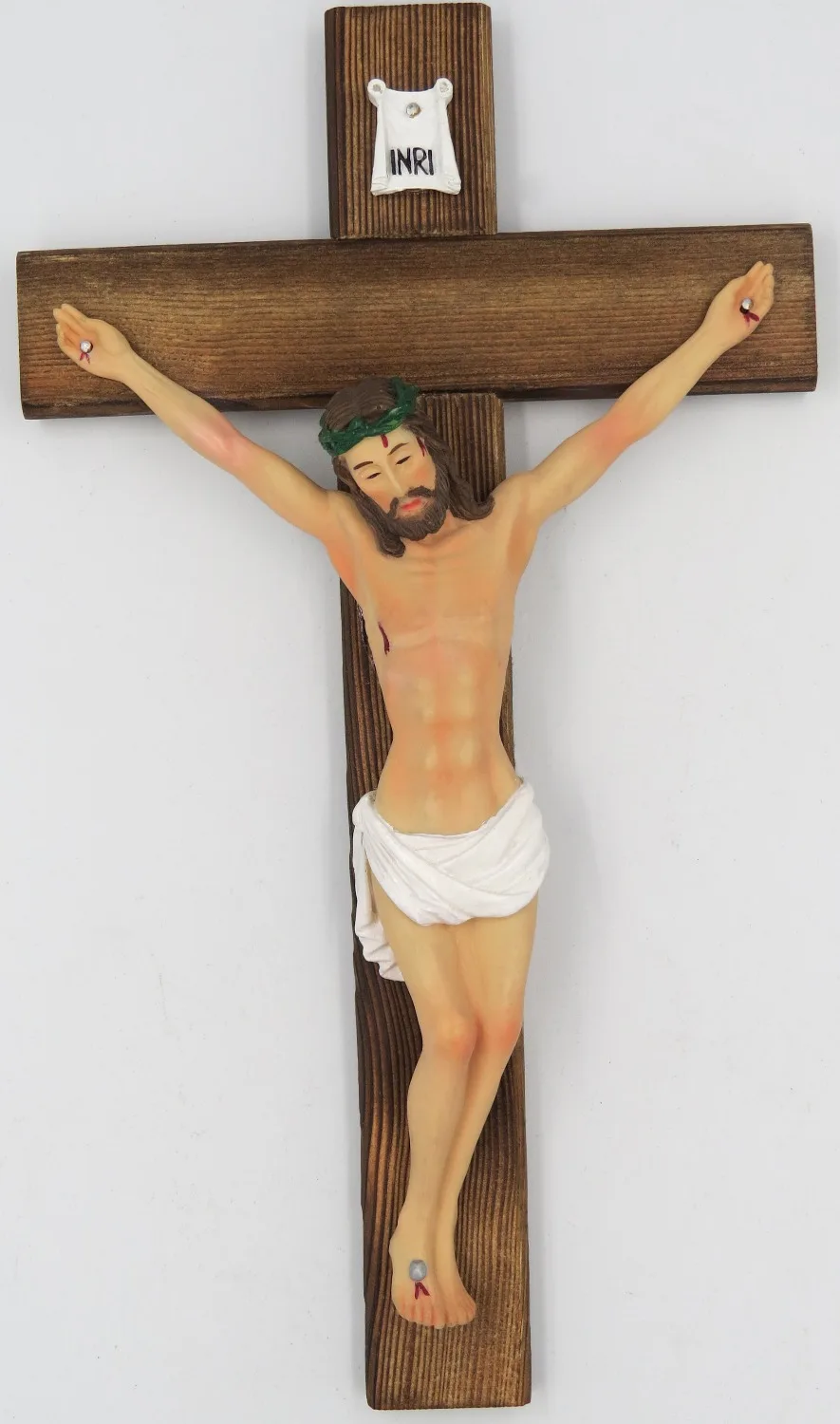 

11.8 Inch Catholic Resin Jesus Christ on INRI Carbonized Wood Cross Wall Crucifix Home Chapel Decoration Hand drawing Sculpture