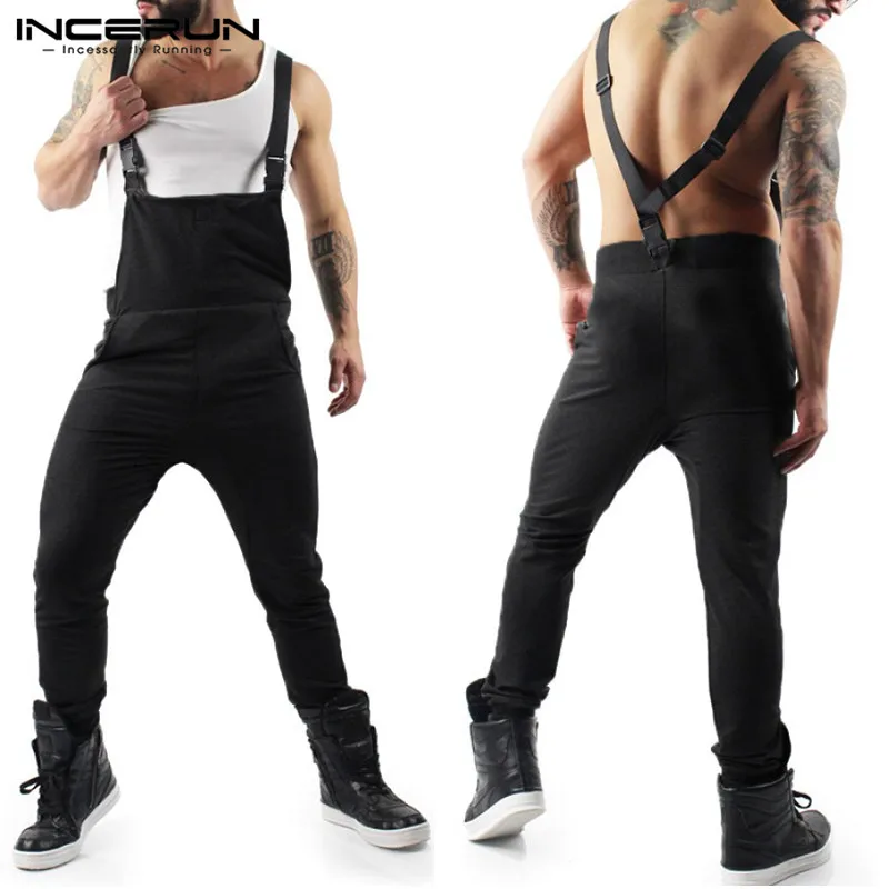 

INCERUN European And American 2019 Men Solid Color Pocket Fashion Straps Jumpsuit Overalls Loose Casual Streetwear Jumpsuit 5XL