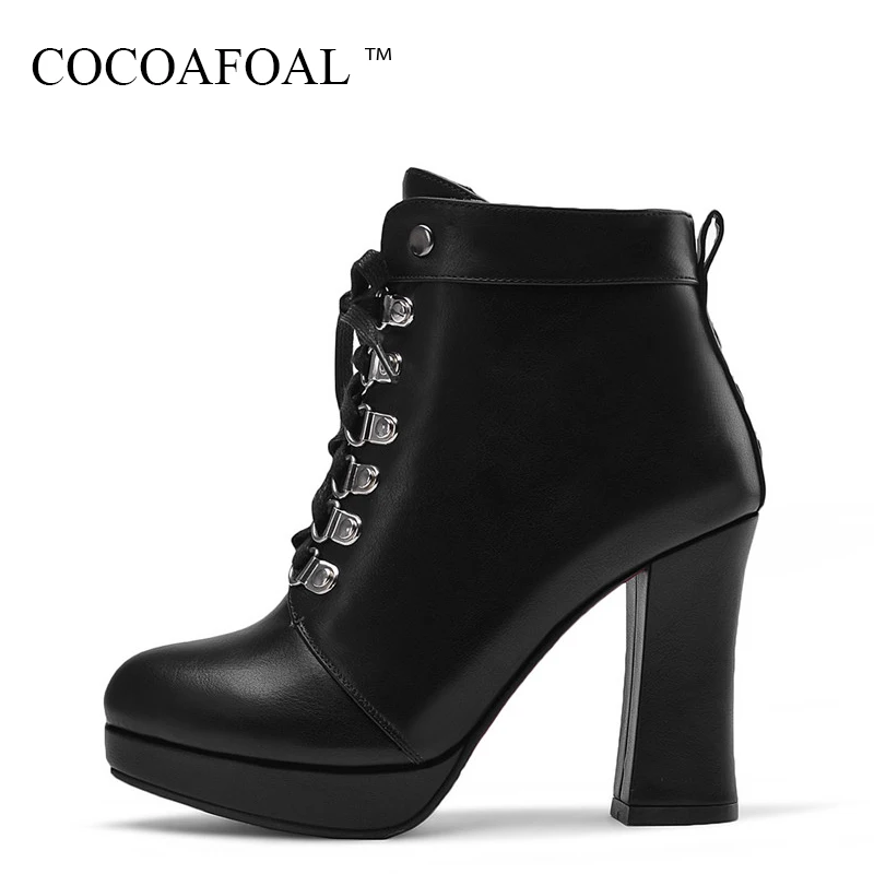 

COCOAFOAL Woman Autumn Winter Lace Up Ankle Boots Plus Size 33 43 Sexy Black Martin Boots Fashion White High Heeled Shoes 2018