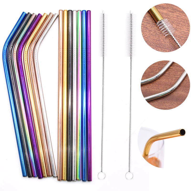 

3pcs Colorful Reusable High Quality 304 Stainless Steel Metal Drinking Straws with Cleaner Brush for Home Mug Bar Party Supplies