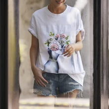 T1109 Яркая футболка с объемным красивым принтом, летняя модель года