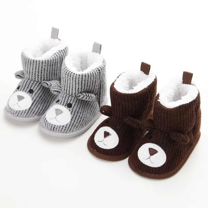 Зимняя супер теплая обувь для малышей; обувь для первых шагов; ботинки для новорожденных; детская кроватка; зимняя вязаная обувь с милым медведем из мультфильма