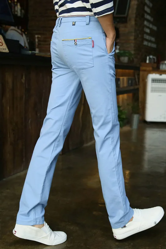 Облегающие повседневные брюки цвета хаки для мужчин, высокое качество, бизнес длинные штаны для мужчин, хлопок, бежевый, серый, черный, синий,, акция - Цвет: Небесно-голубой