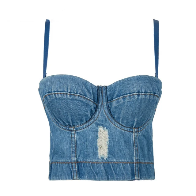 Сексуальный женский Джинсовый укороченный топ с бретельками и открытой спиной, короткое нижнее белье Haut Femme, летний бюстгальтер, джинсы, элегантные топы - Цвет: Синий