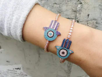 

Free shipping Wholesale Top quality yellow rose Gold color hamsa hand Charm Bracelets Girl Hand blue CZ Women Fine Jewelry