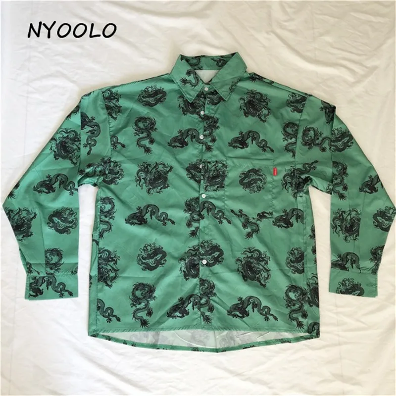 

NYOOLO Harajuku Vintage Dragon print green shirt Summer streetwear loose sunscreen clothing long sleeve shirt women clothing top