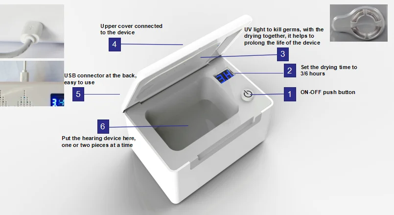 3/6 часовой таймер, электронный УФ-светильник, сушилка для слухового аппарата, ушной аппарат, ежедневное обслуживание, осушение слухового устройства, чехол для сушки слухового аппарата
