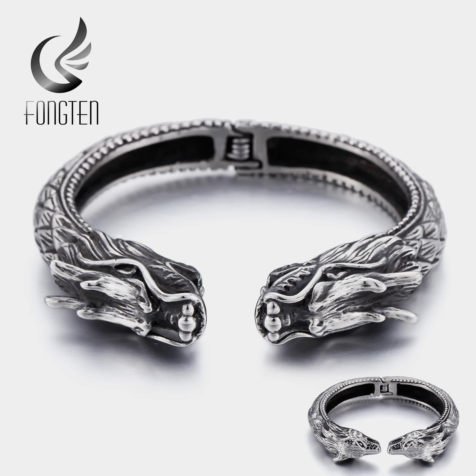 

Fongten Vintage Dragon Wolf Stainless Steel Retro Silver Cuff Bracelet Men Bangle Fashion Jewelry