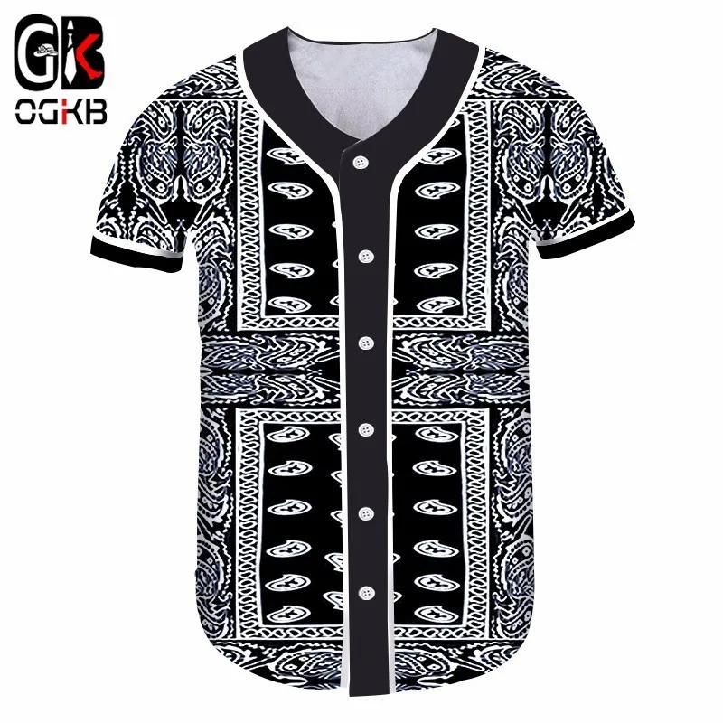 

OGKB Summer Women's Print Black Bandana Paisley 3D Button T-shirt Cashew Flower Baseball Shirts Female Short Sleeve V Neck Tees
