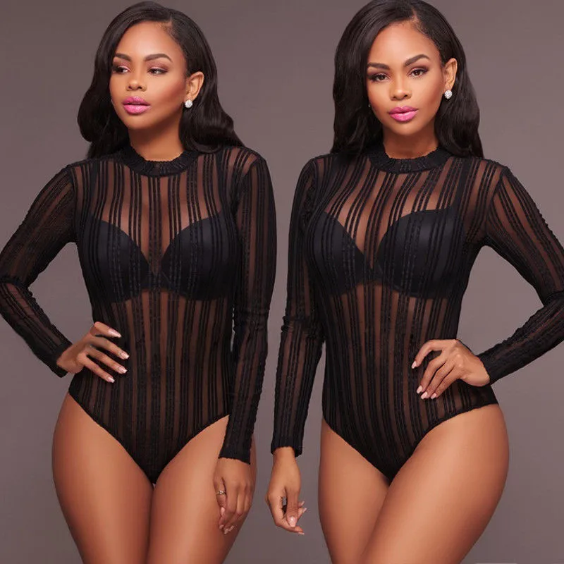 2017 Stretchy Turtleneck Long Sleeve Sexy Bodysuit New Spring Mesh Bodysuit for Women 