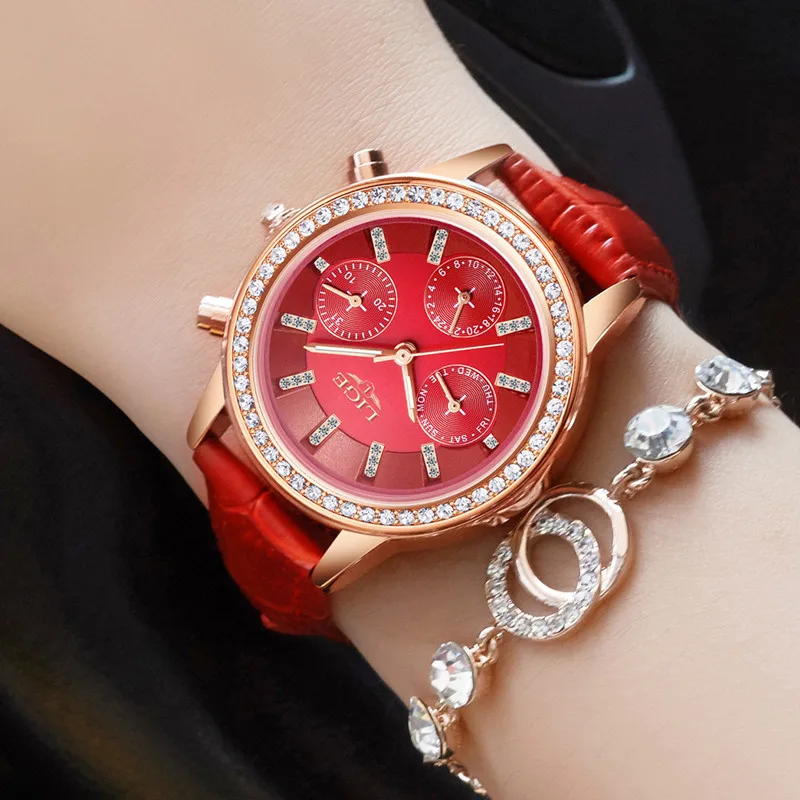 LIGE Топ люксовый бренд женские часы модные повседневные кожаные кварцевые Часы Дамские бриллиантовые нарядные часы женский подарок Relogio Feminino