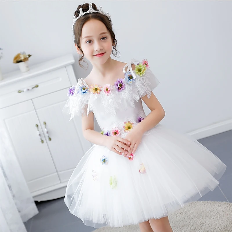 

2018 Sweet Cute Girls Children Beautiful Shoulderless White Color Birthday Wedding Party Ball Gown Dress Kids Tutu Pageant Dress