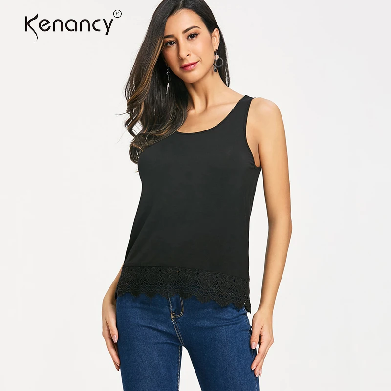 Kenancy Womens Black Lace Panel Tank Top Casual Polyester Spandex