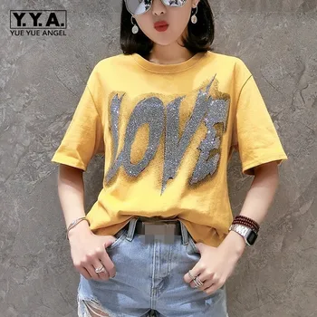 

Casual Streetwear Summer New Brand Short Sleeve O-Neck Pullover Womens Tees Top Diamonds Letter Print Loose Fit Female T-Shirts