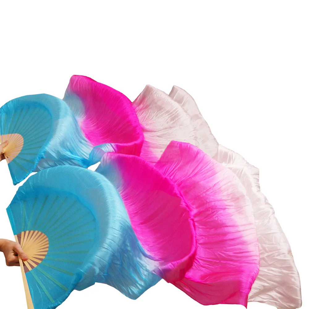 

New Arrivals 100% Silk Fans 1 Pair High Quality Handmade Dyed Belly Dance Fans Turquoise+Rose+White Gradient Colors 180/230x90cm