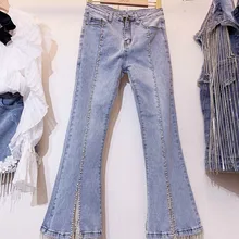 Ногтей-жемчужина бахромой высокой талии джинсы Брюки Женская водонепроницаемая дрель жемчужные светлый тонкие модные женские туфли Клубные джинсы брюки Nancylim