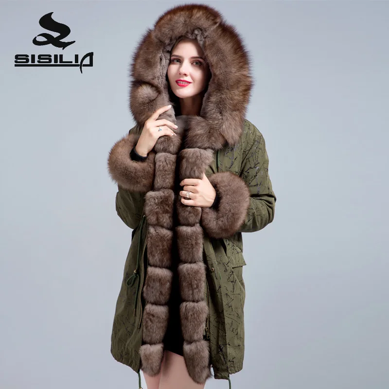 SISILIA натуральный мех пальто зимняя куртка женская парка большой енот меховой воротник лисий мех пальто зима - Цвет: Фуксия