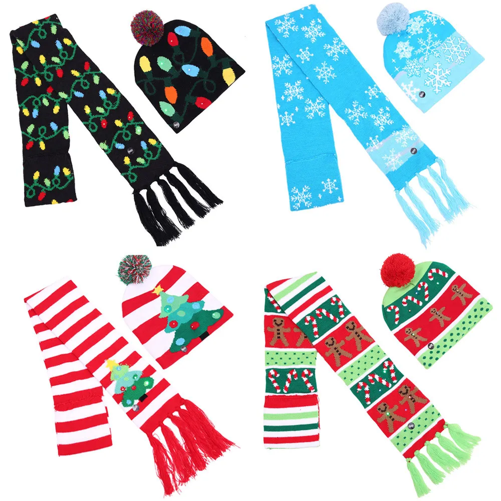 2Pcs Winter Christmas Kids Baby Boy Girl LED Light Hat Cartoon Cotton Tree Xmas Knitted Beanie Cap Scarf Set decorations Gifts | Детская