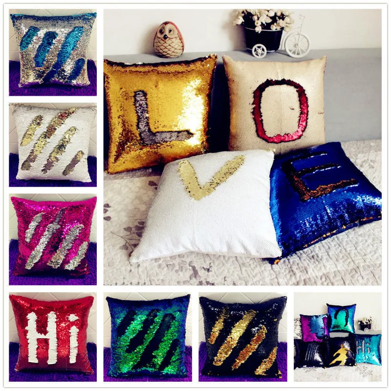 

40x40cm Sequins Pillowcases Pillow Cover Throw Printed Letter Magical Color Change Pillow Case Rose Red Green Black Silver White