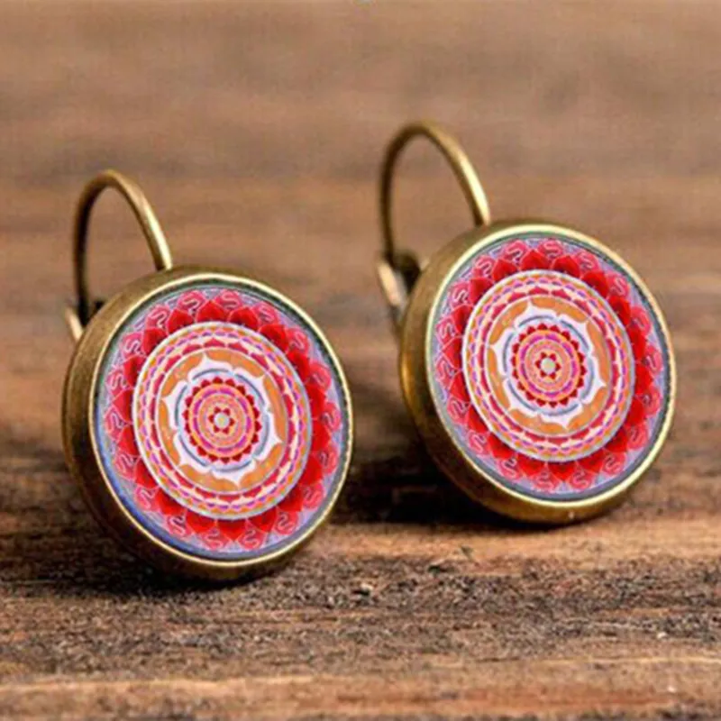 

Mandala Flower Convex Round Glass Bronze Silver Convex Round Earrings Fashion Jewelry 2019 New