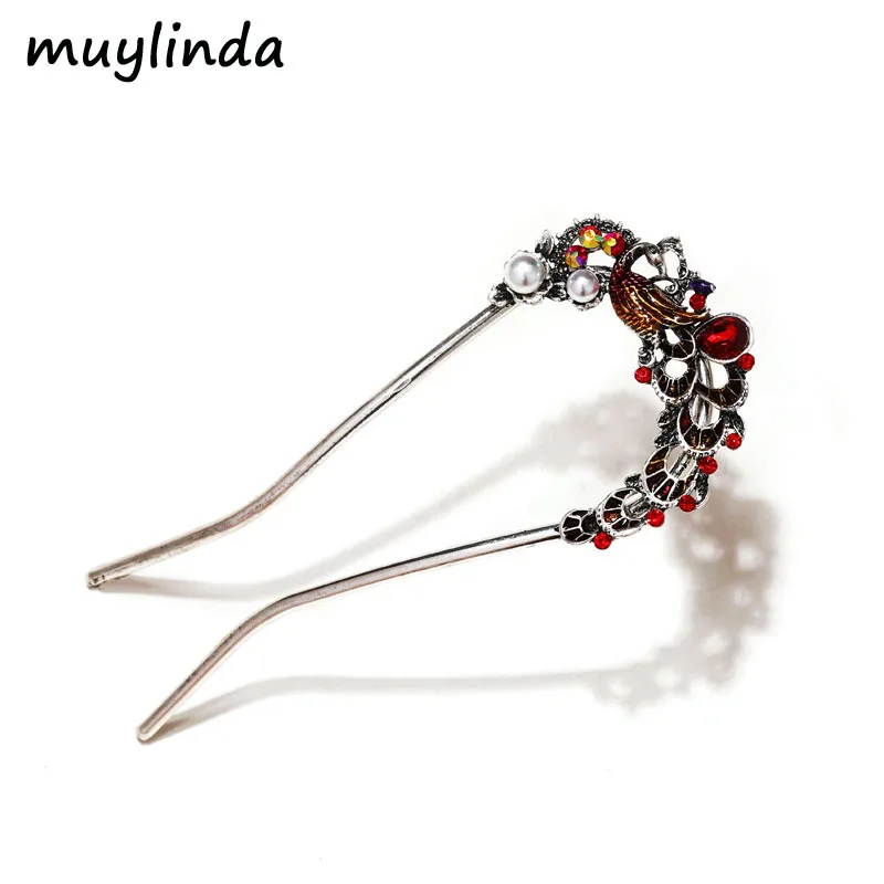 

muylinda Chinese Style U Shape Enamel Peacock Hair Pin Stick Women Banquet Party Rhinestone Hairpins Hair Jewelry
