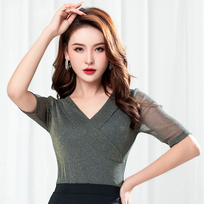 

Latin Dance Top Short Sleeve Sexy V-Neck Women Tango Salsa Cha Cha Dancing Shirts Flamengo Ballroom Practice Wear Lady DNV11656