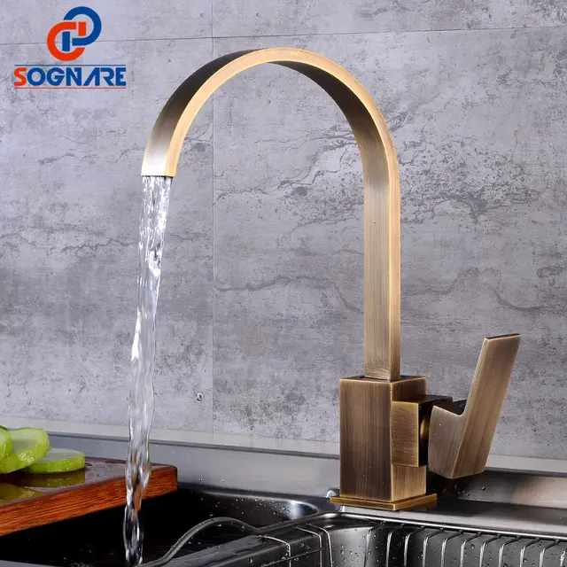 Special Offers SOGNARE Antique Brass Kitchen Faucet Mixer Single Handle Kitchen Tap Water Deck Mounted Cold Hot Water Faucet 360 Swivel Crane