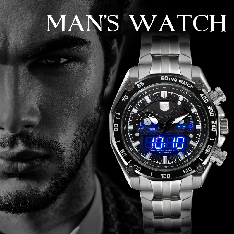 TVG Топ люксовый бренд мужские полностью стальные часы Мужские кварцевые аналоговые цифровые светодиодный часы мужские модные спортивные армейские военные наручные часы