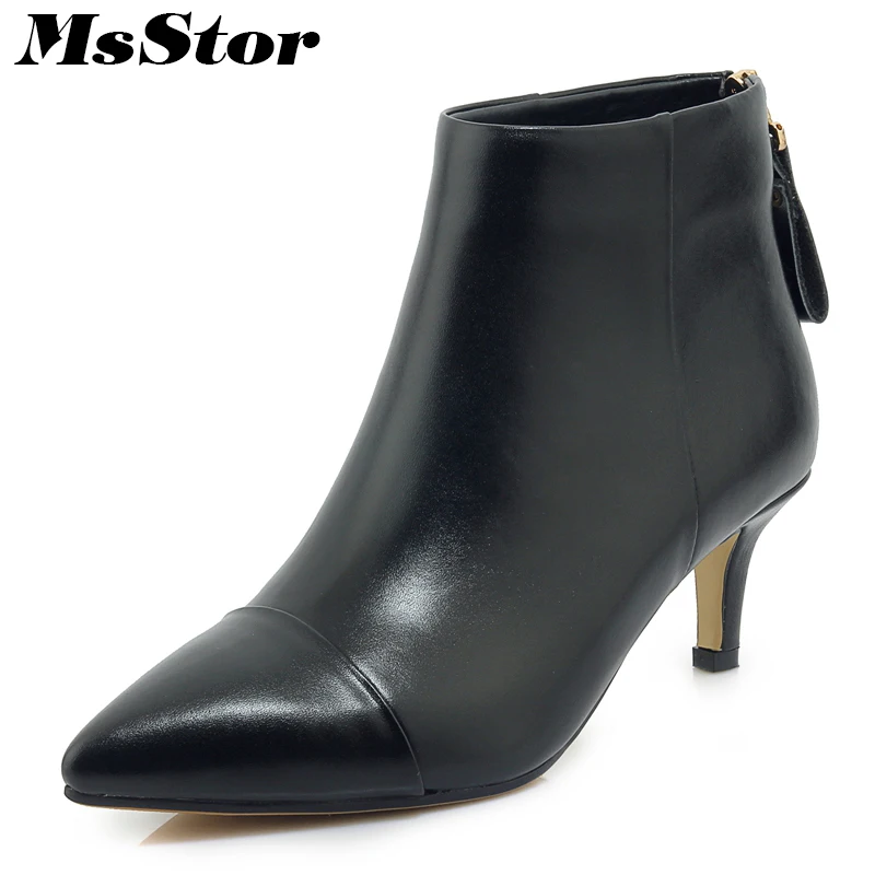 

MsStor Pointed Toe High Heel Boots Shoes Woman Casual Fashion Zipper Elegant Ankle Boots Women Shoes Genuine Leather Boots Women
