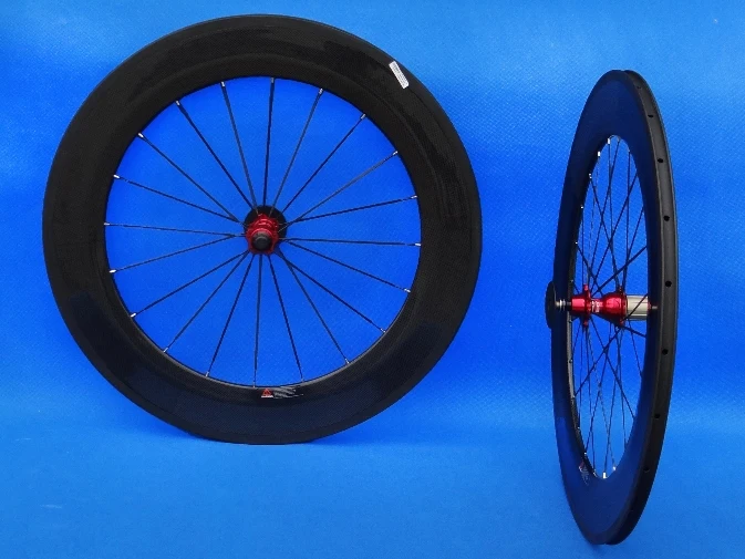 

Clincher 88mm - Full Carbon 3K Glossy Road Bike Clincher Rims Wheelset wheel set (red hubs) 8/9/10/11s