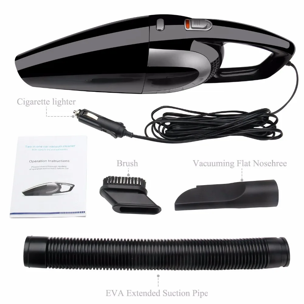 Black Portable Car Vacuum Cleaner Wet and Dry Dual Use With Power 120W 12V 5 Meters Cable Super Absorb