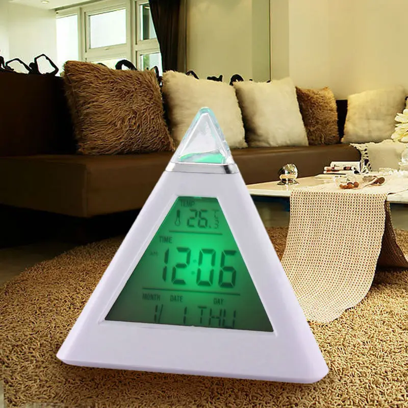 

7 LED Color LCD Alarm Clock Pyramid Digital Thermometer Clock Time Display desktop Clock Luminova electronic digital alarm clock