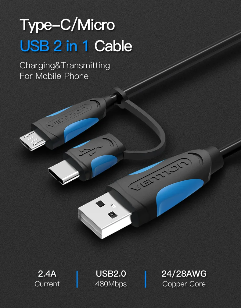 Кабель Micro USB Vention type-C 2 в 1 USB кабель для синхронизации данных USB C 5 в 2,4 a кабель для быстрой зарядки для samsung Xiaomi 5 huawei кабель type C 2 м