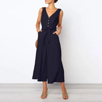 

Women Sleeveless Button Backless High Waisted Jumpsuit Ladies Sexy Deep V Neck Lace Up Wide Leg Playsuits Female Casual Jumpsuit