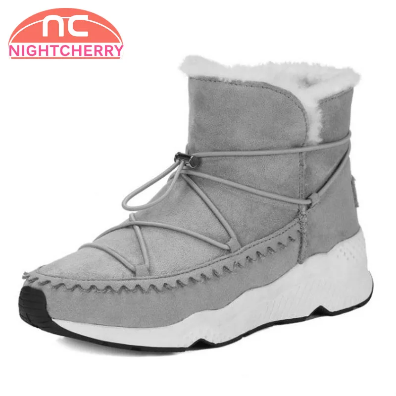 

NIGHTCHERRY Ladies Real Leather Wedges Boots Elastic Round Toe Warm Thick Fur Winter Shoes Manual Made Snow Shoes Size 34-39