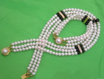 

Miss charm Jew.215 3 Rows Real White Pearl Black Agate 18KGP Clasp Necklace Bracelet jewelry set (A0516)