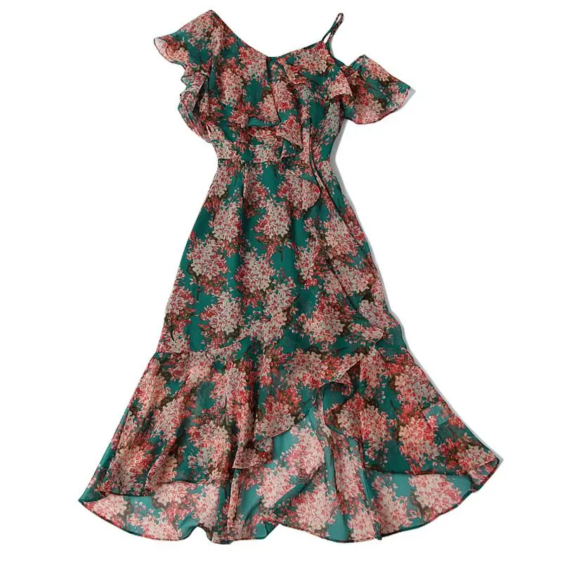 Irregular Ruffles Dress Elegant Women Holiday Dresses Fashion Floral V-Neck Female Dress C1545 - Цвет: Многоцветный