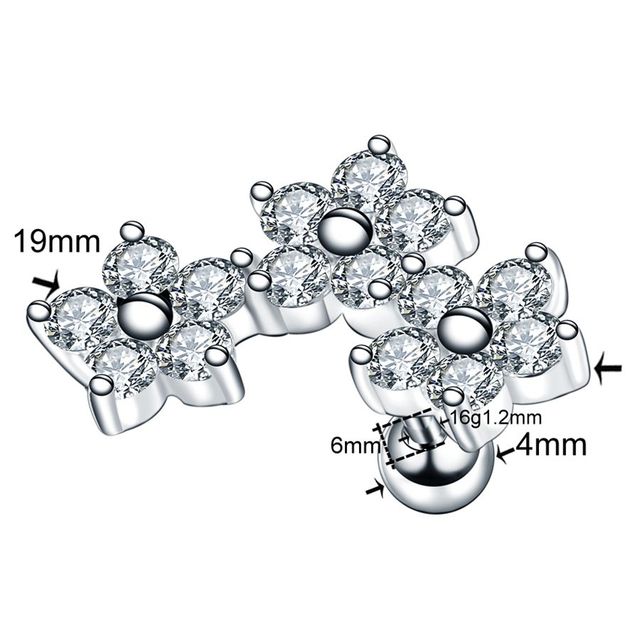 Steel Crystal Flower Ear Cartilage Helix Orelha Ear Stud Tragus Barbell Piercing Labret Lip Rings Sexy Charming Jewelry 16G