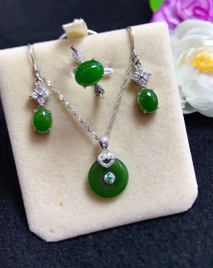 Style 2 Высокая-Класс S925 серебряной инкрустацией зеленый нефрит Gemstone комплект Женская мода кольцо с орнаментом+ Цепочки и ожерелья+ шпильки* Бесплатный подарок коробка - Цвет: Style 2