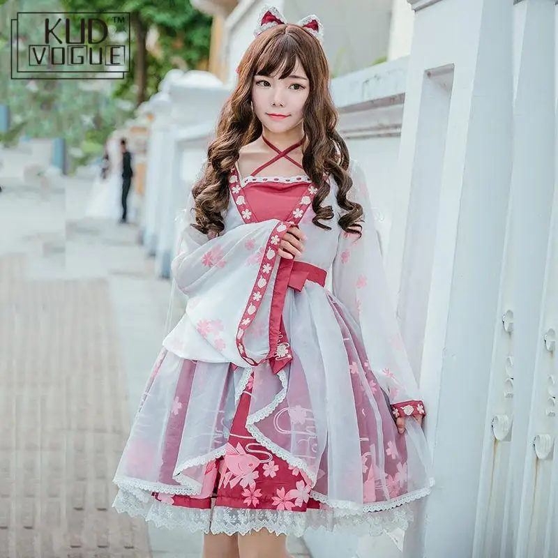 

Lolita Dress Chinese Style Goldfish Girl Fake Two Pieces Printing One-piece Sakura Blossom Celebration Kawaii Cosplay Costume