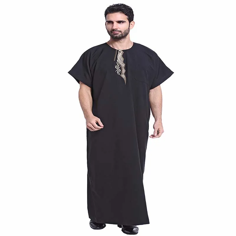 

Muslim Clothing Fashion Men Robe Kaftan Accessories Embroidering Plus Size Abaya Islamic Formal Broadcloth Short Sleeve Black
