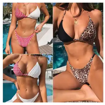 

Female Swimming Suit Leopard Sexy Personality Bikini Print Lattice Split Joint Swimsuit Women Swimwear Two-pieces Bathing Suit