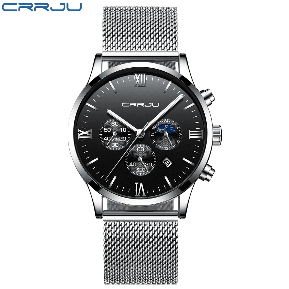 Мужские кварцевые часы с большим лицом CRRJU бизнес секундомер часы с кожаным ремнем светящиеся мужские Ретро спортивные часы Relogio Masculino - Цвет: Mesh silver black